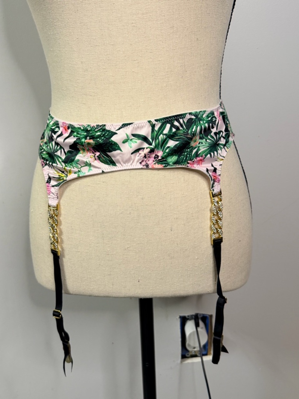 Victoria's Secret Pink Tropical Print Garter Belt with Gold Chains